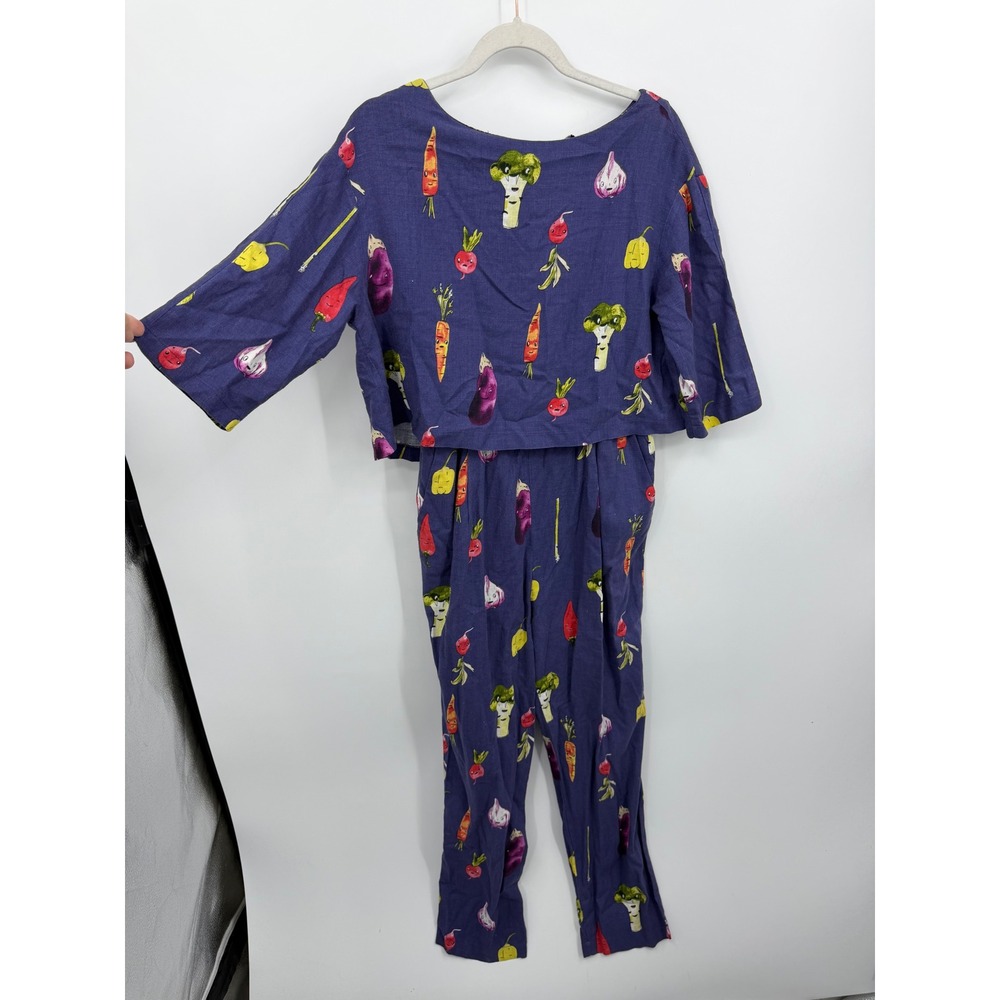 Pepaloves Vegetable Print Jumpsuit Women Medium Blue Ramie Cotton Novelty Art